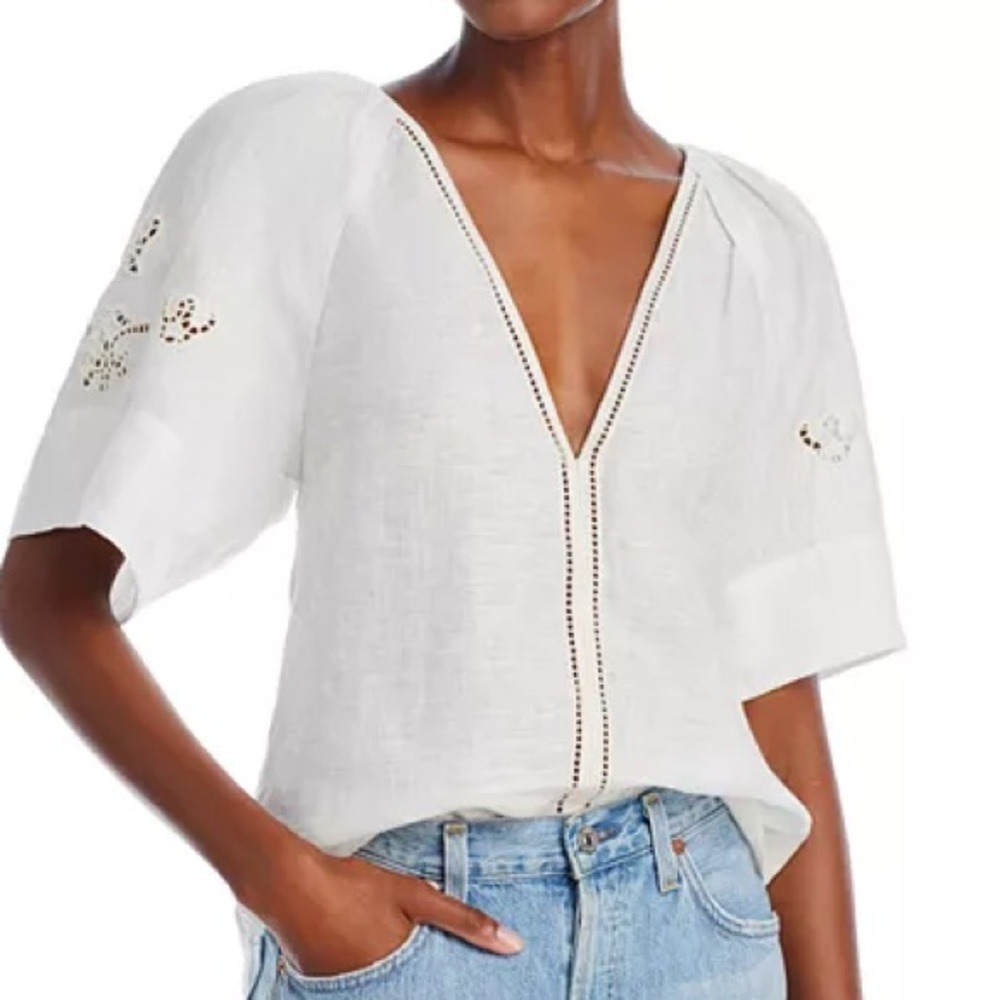 A.L.C. White V-Neck Blouse with Embroidery